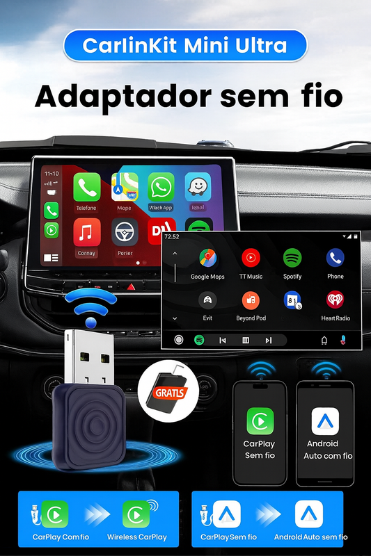 Carlinkit 5.0 Mini Ultra Adaptador Sem Fio CarPlay e Android Auto – Plug & Play com Conexão Automática